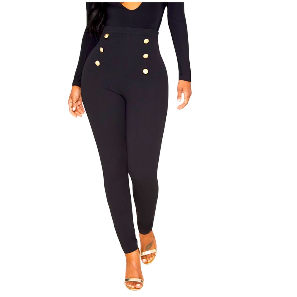 Tahari black tailored gold button military skinny dress pants Sz L